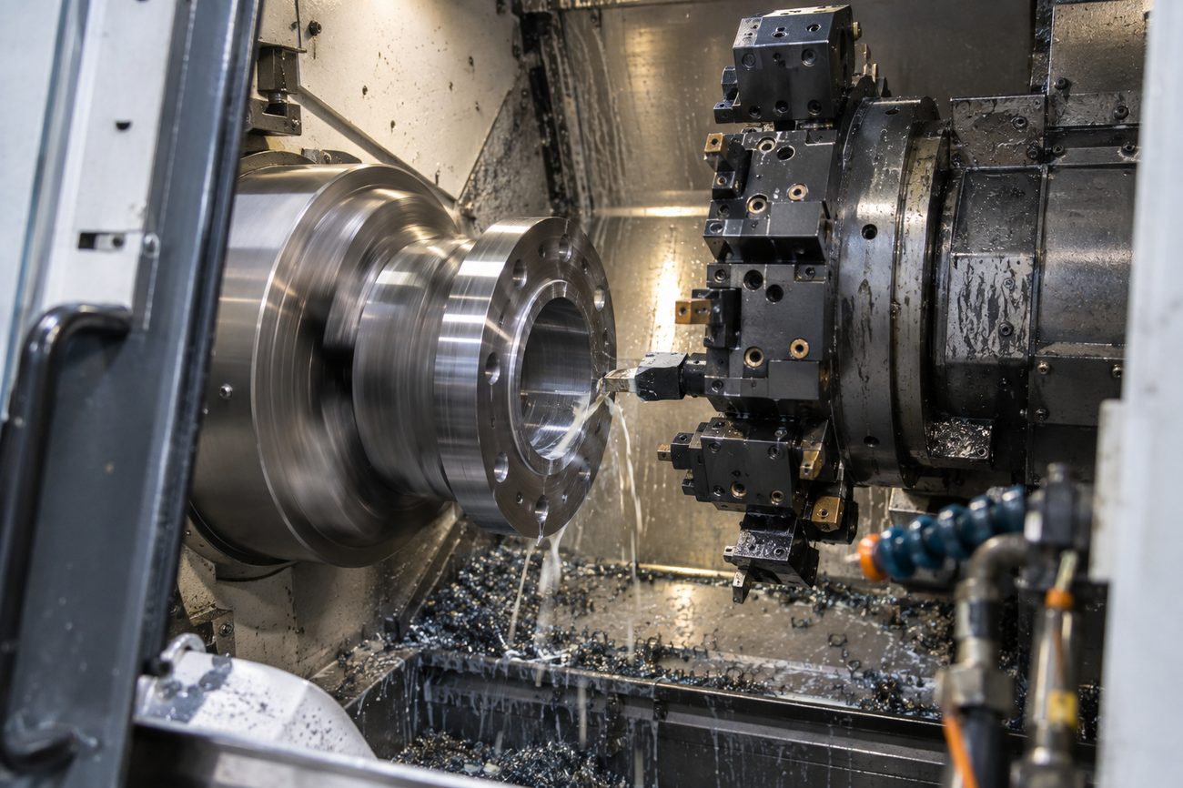 CNC-Drehmaschine beim Drehen eines Flansches