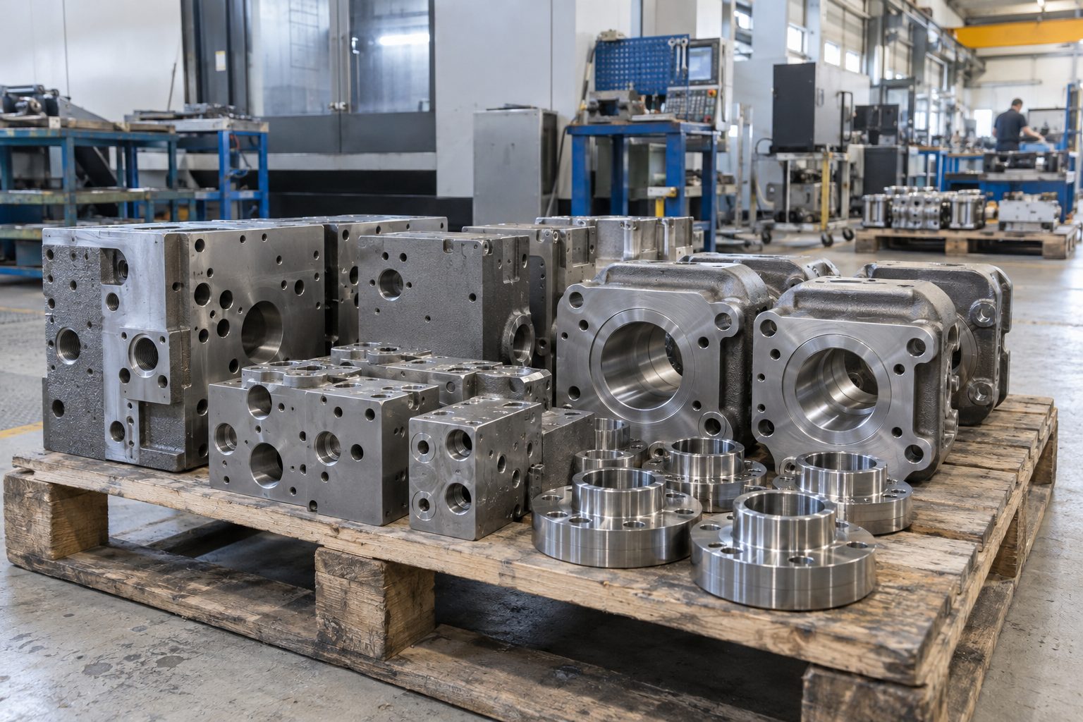 Fertig bearbeitete Hydraulikkomponenten auf einer Palette